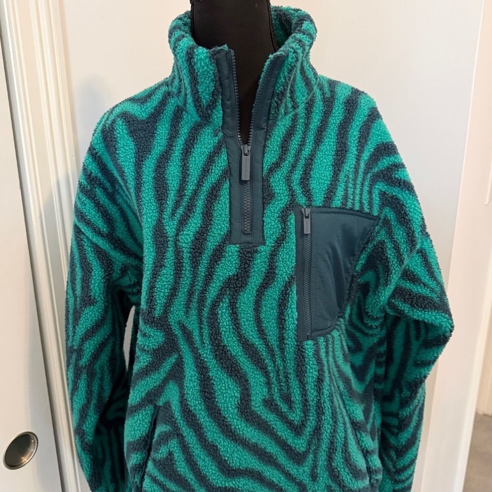Sweaty Betty - Karma Zebra Print Quarter Zip Fleece Pullover Green Blue - Small